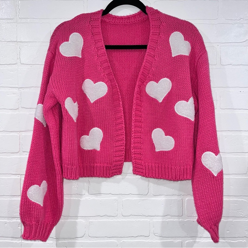 Pink with White Hearts Cardigan Barbie Sweater Valentine’s Day Scandi Girl - Picture 1 of 14